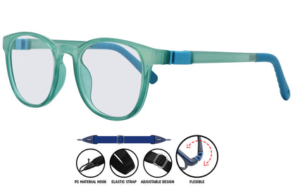 mint green round eyeglasses showing temple arms and lightweight fit.
