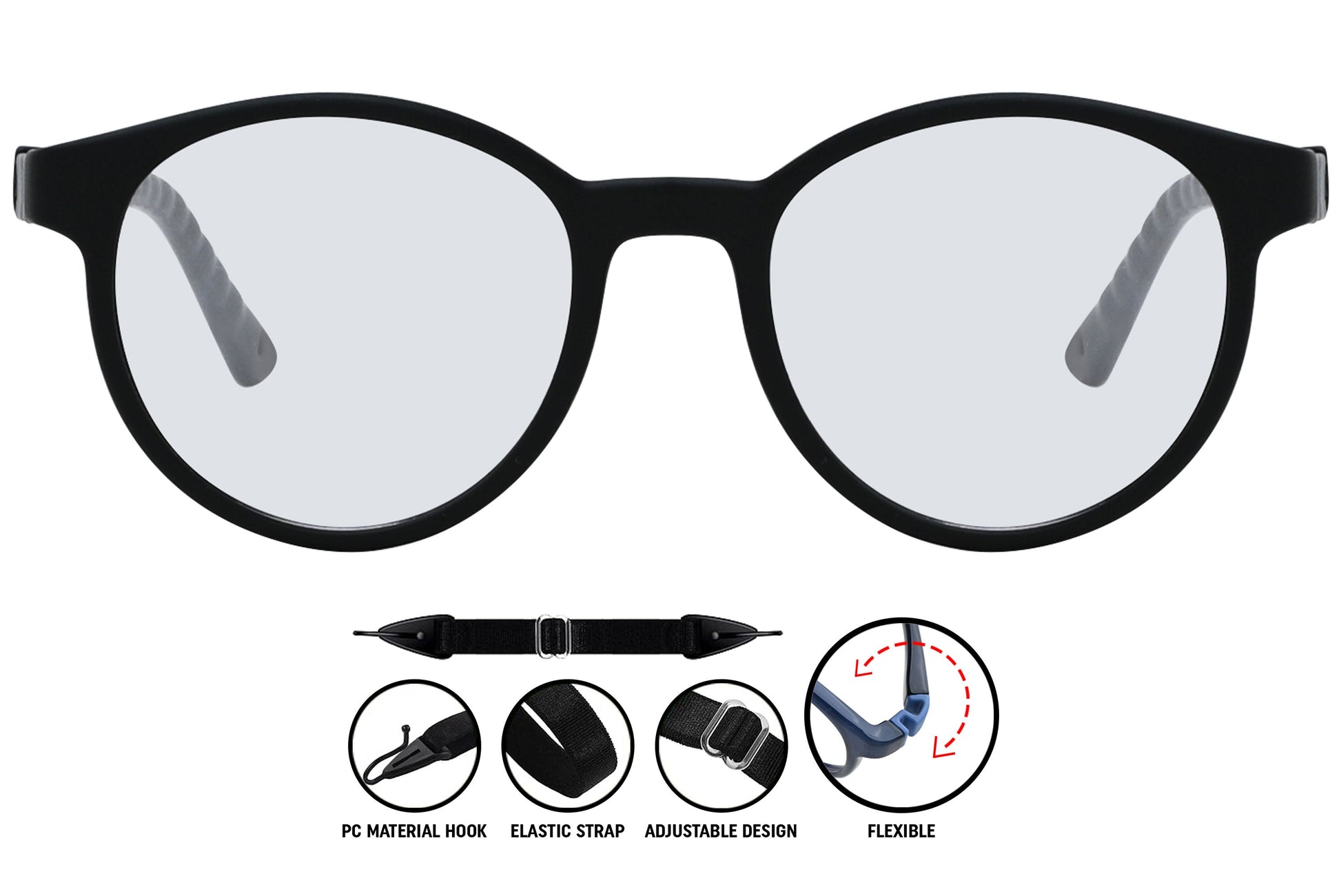 Coline black grey round eyeglasses, front view, modern style