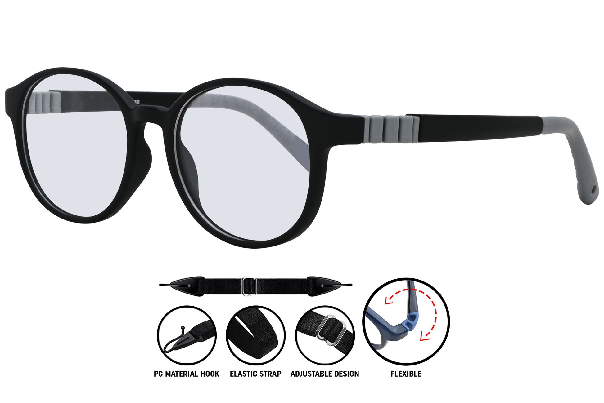 Side profile of dark grey aviator eyeglasses showing slim temples and comfort fit.