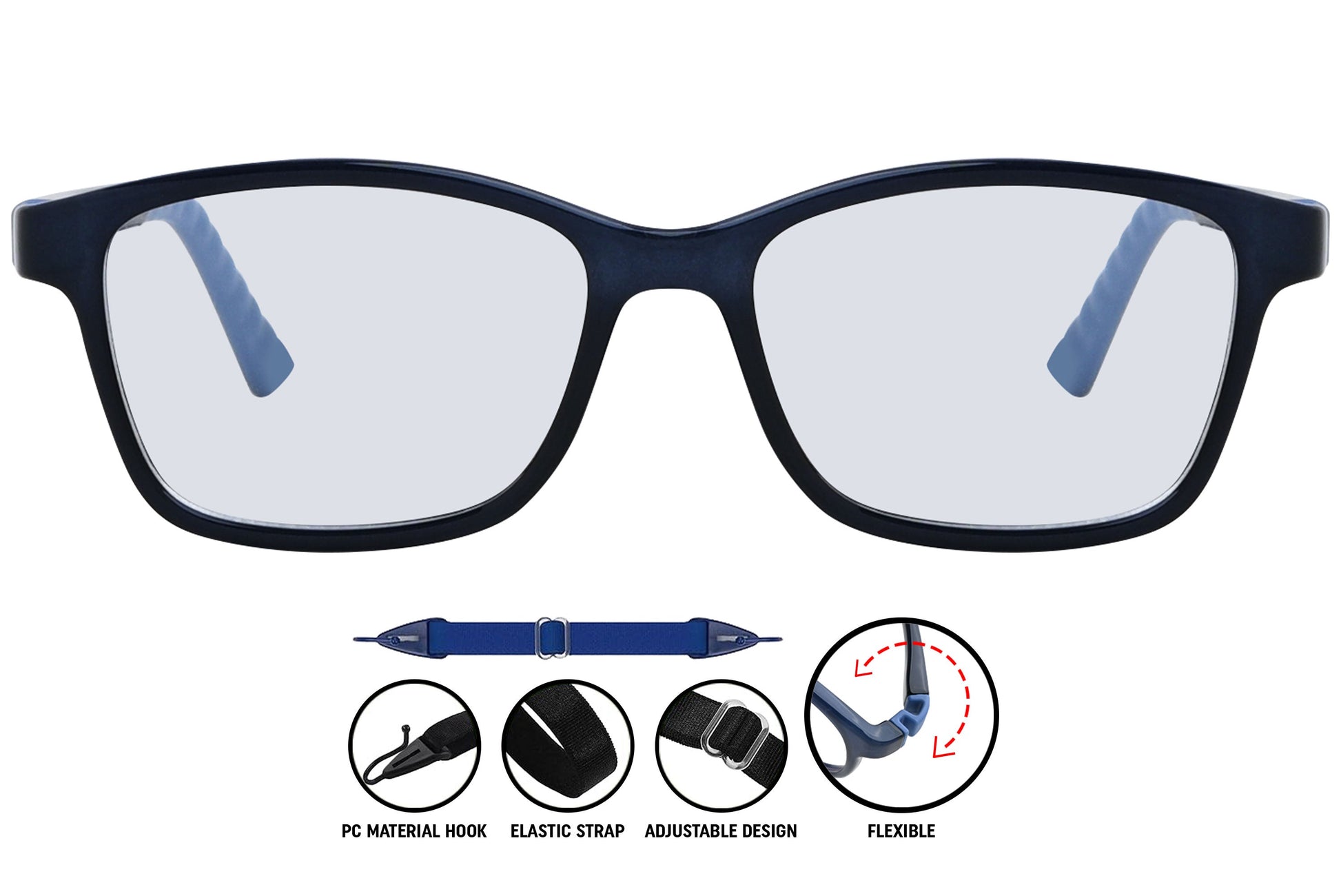  dark blue rectangle eyeglasses showing rich color and front frame details.