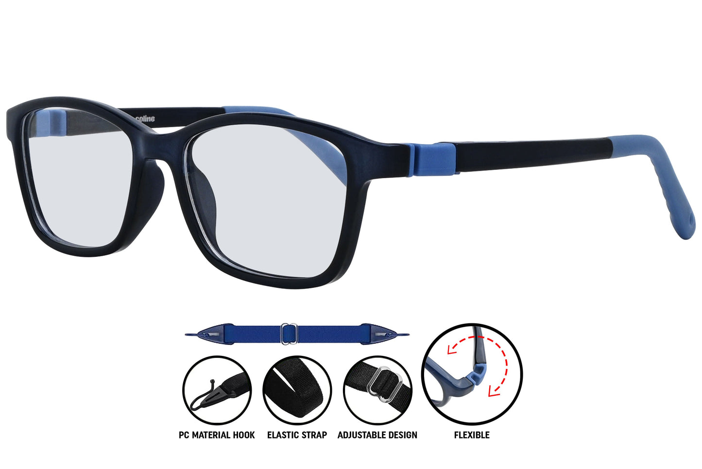 dark blue rectangle eyeglasses highlighting the sleek profile and arm design.