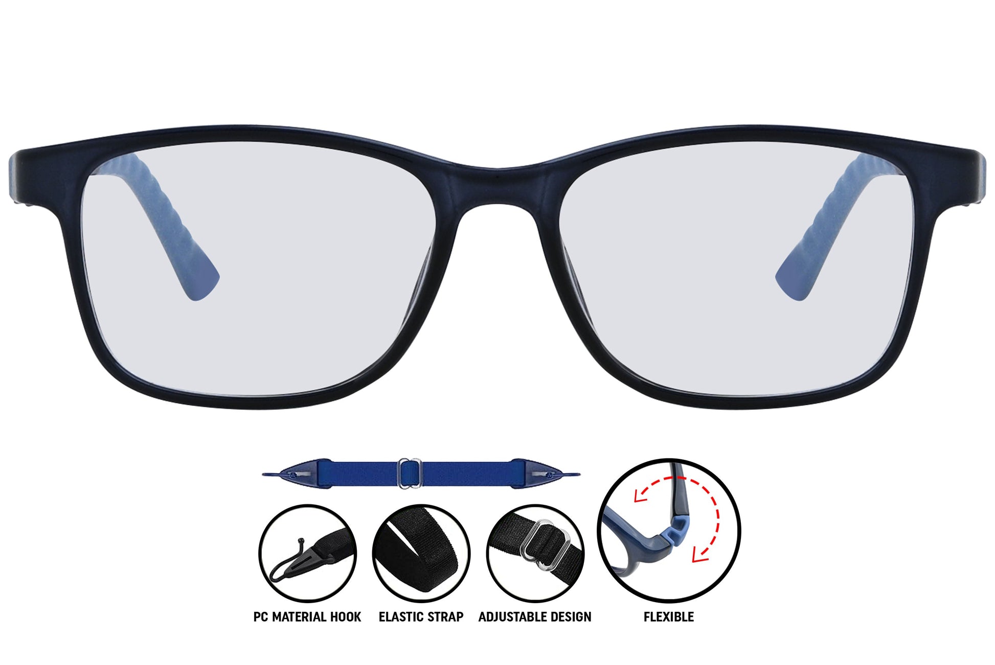 Close-up of dark blue rectangle eyeglasses in C2, showing the smooth matte finish and clean frame lines.