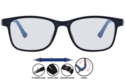 Close-up of dark blue rectangle eyeglasses in C2, showing the smooth matte finish and clean frame lines.