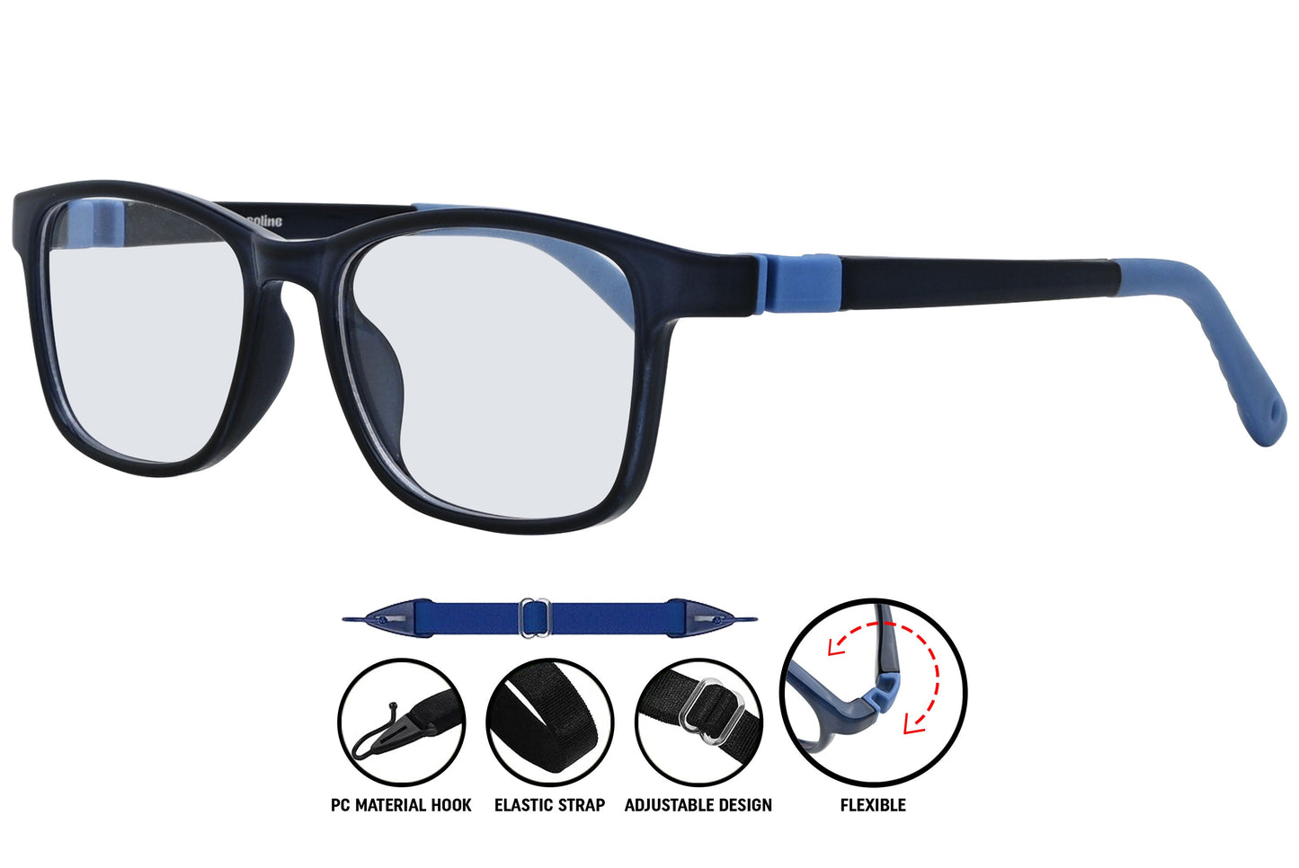 Side view of C2 dark blue eyeglasses highlighting the slim arms and sleek profile.