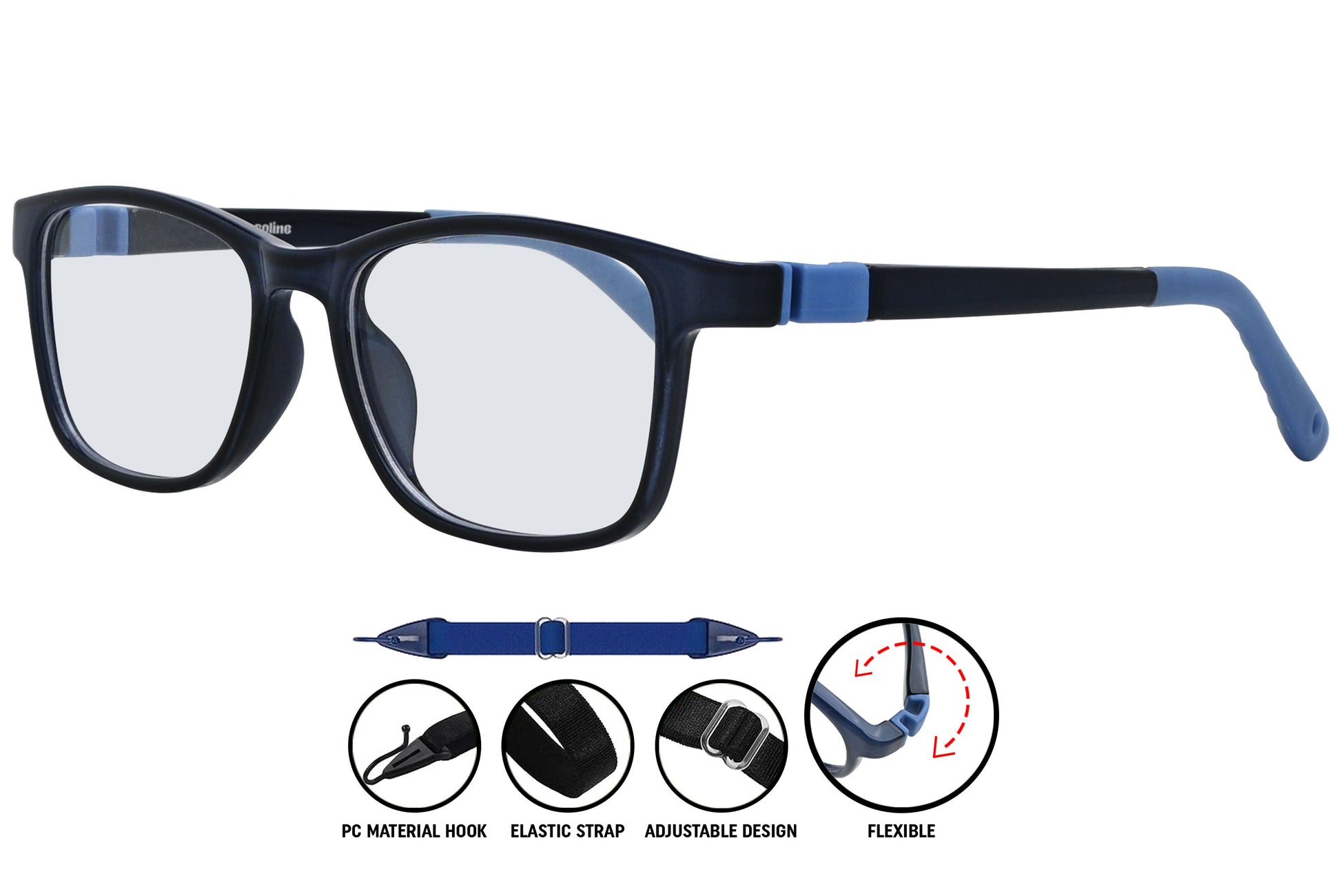 Side view of C2 dark blue eyeglasses highlighting the slim arms and sleek profile.
