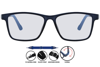 dark blue square eyeglasses (C2) highlighting front frame details.