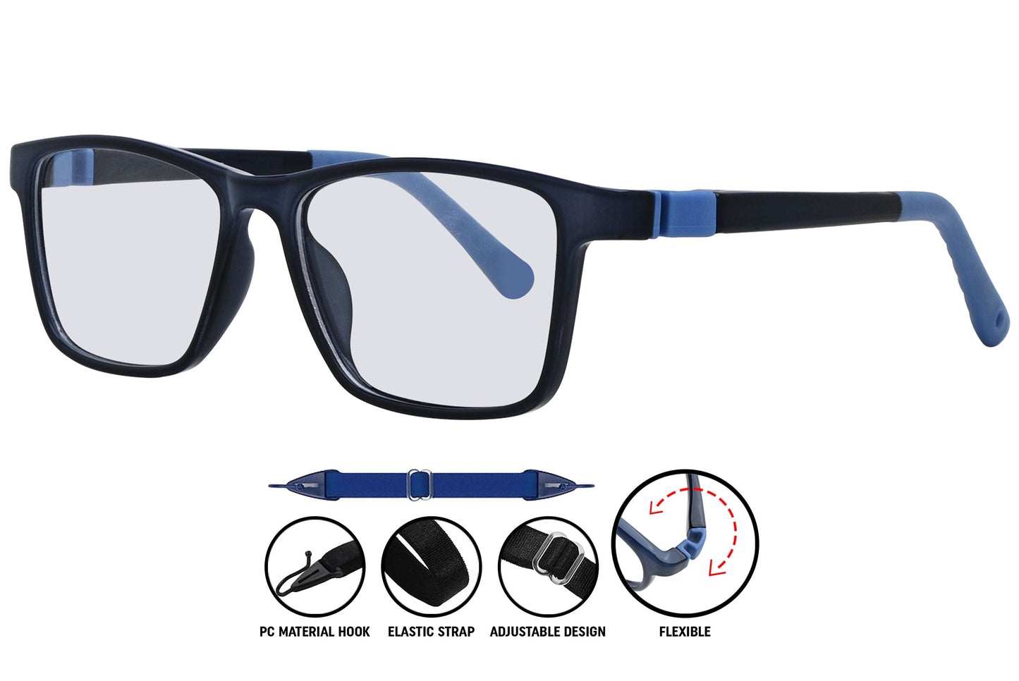 C2 dark blue square eyeglasses showing arms and frame profile.