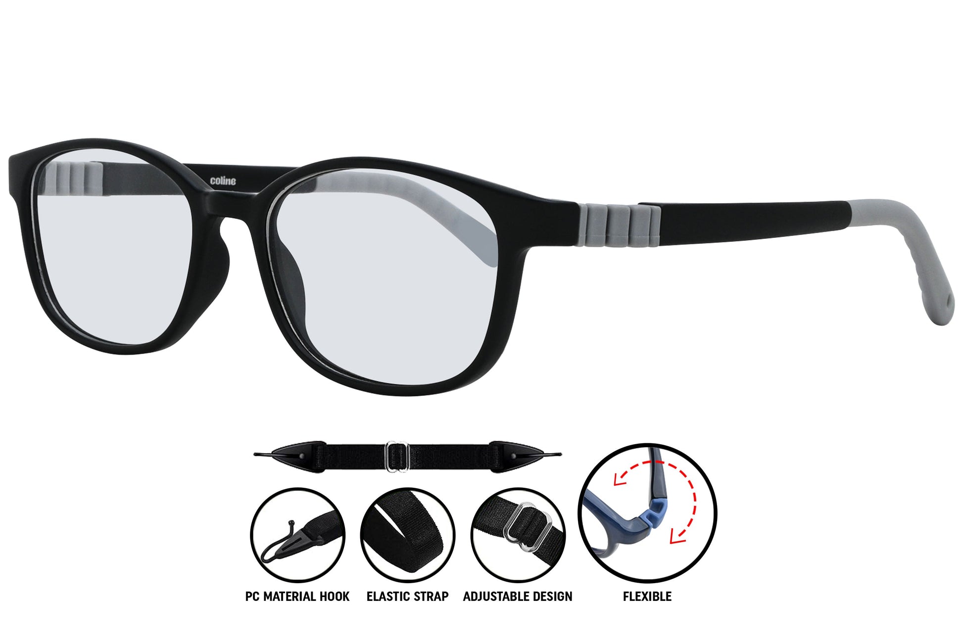 Side and close-up view of Coline rectangle eyeglasses in black-grey C2 – unisex frame with a clean, structured silhouette.