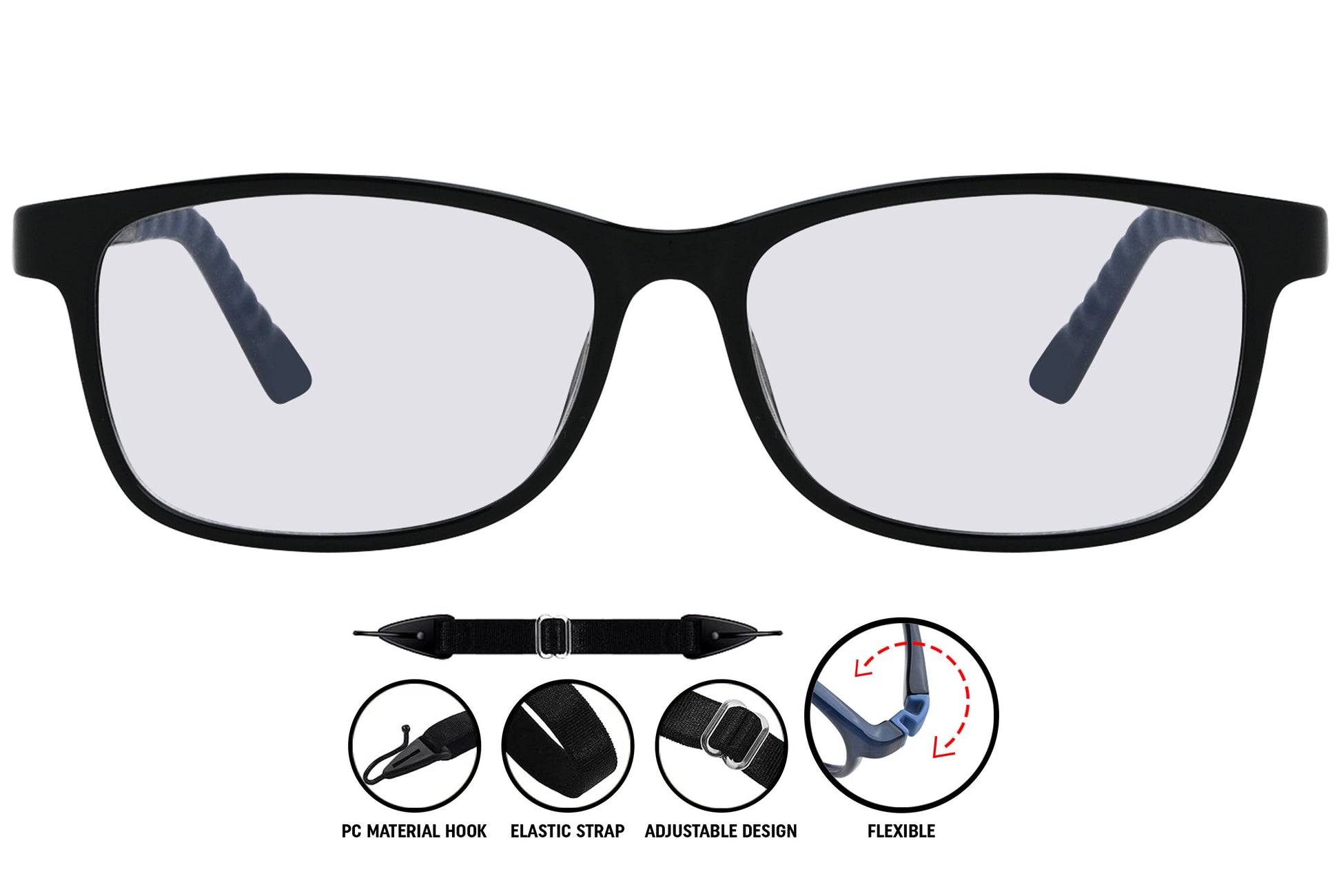 black C1 rectangle eyeglasses showing front detailing and minimalist frame.
