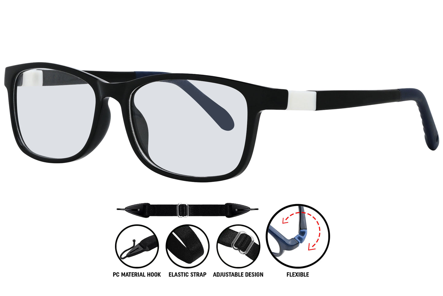 C1 black eyeglasses highlighting slim temples and sleek profile.