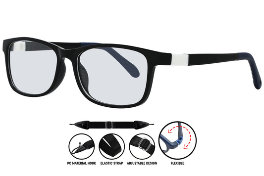 black and white eyeglasses with sleek arms and modern unisex profile.

