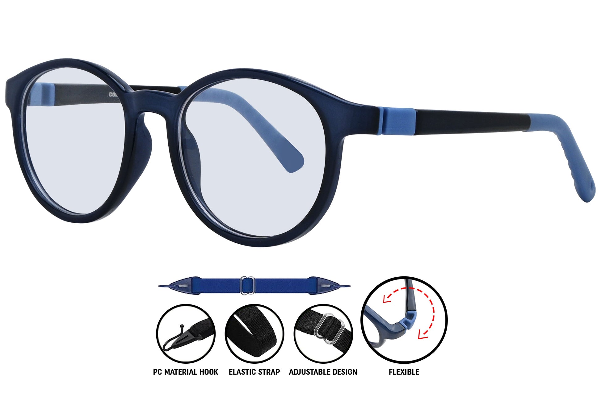 dark blue aviator eyeglasses highlighting frame arms and fit.