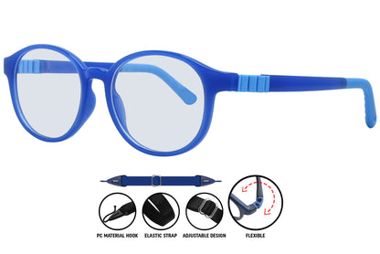 Side angle of blue aviator eyeglasses showing slim arms and smooth finish.