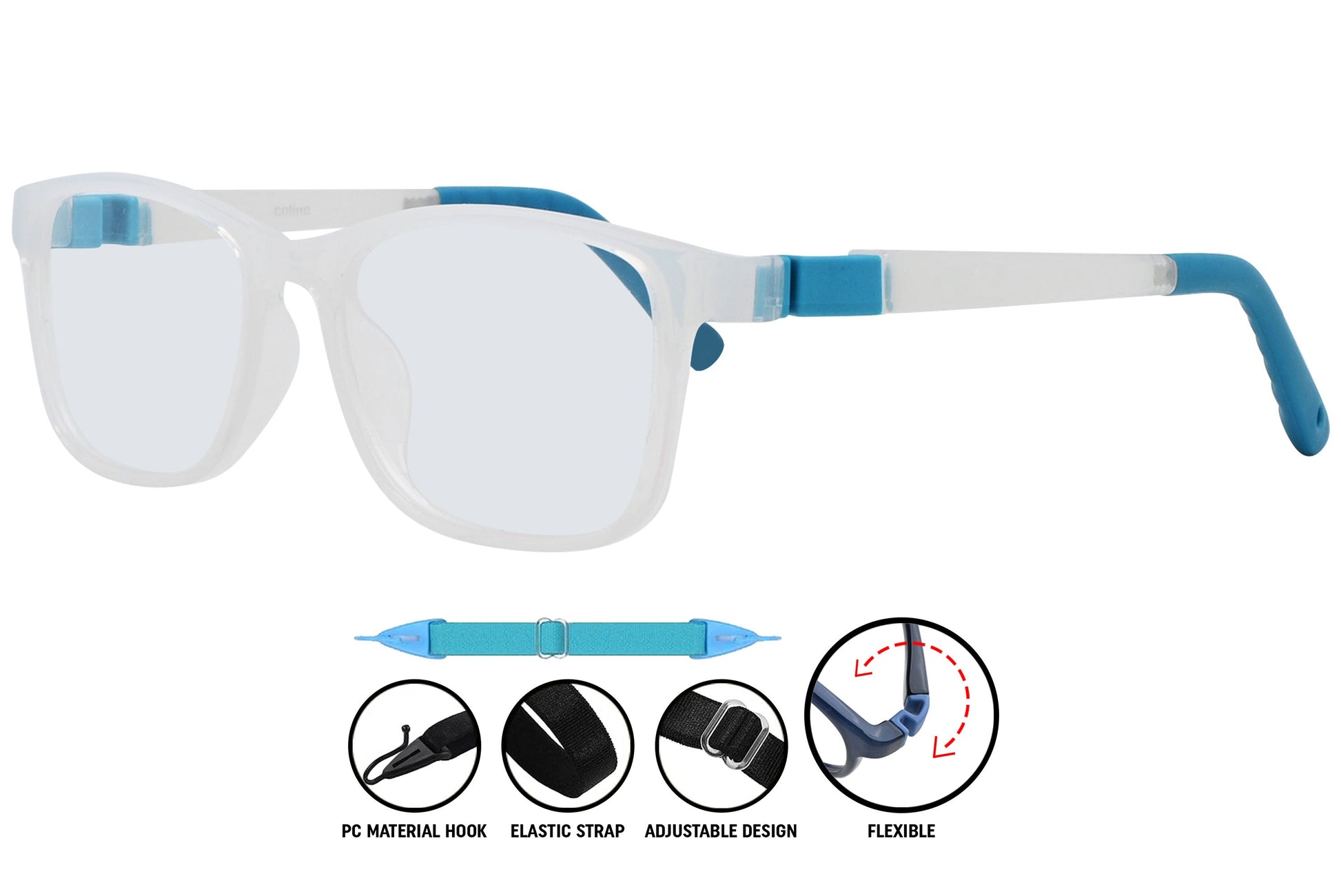 Side view of C3 white and blue rectangle eyeglasses showing the contrasting temple arms.