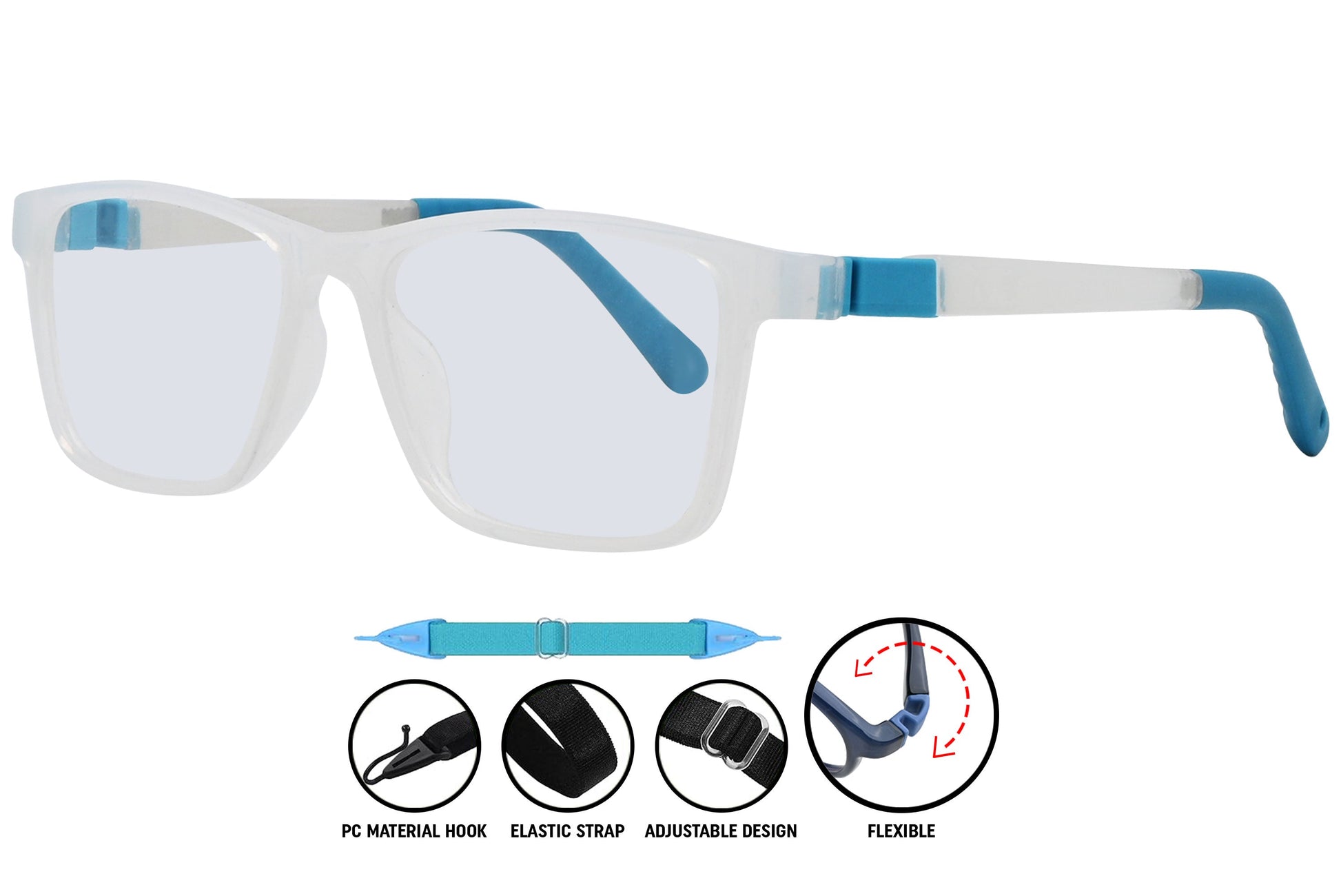 light blue square eyeglasses (C3) showing temple design and profile.