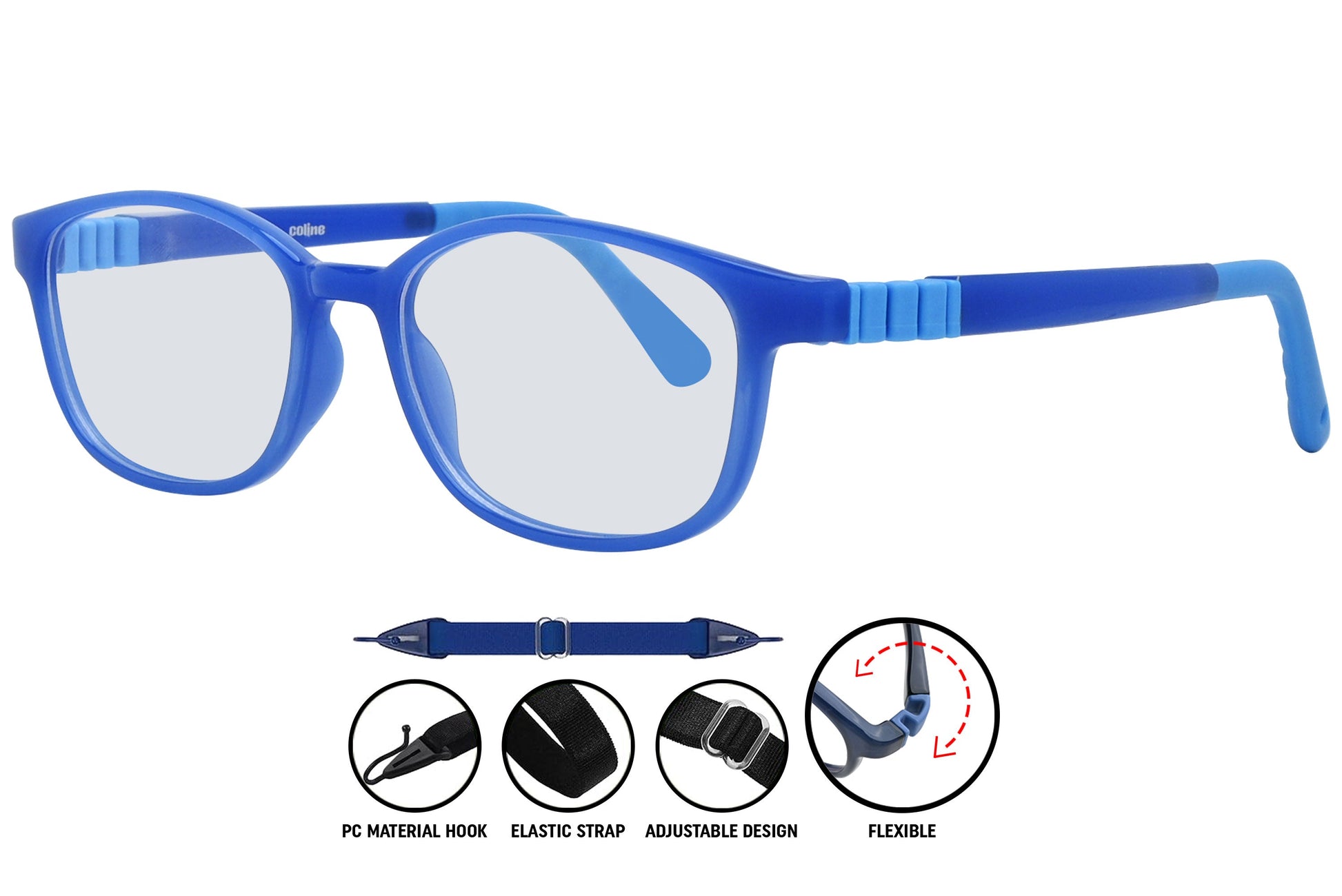 Close-up and side view of Coline rectangle eyeglasses in C3 – lightweight unisex frame with modern, minimalist design.