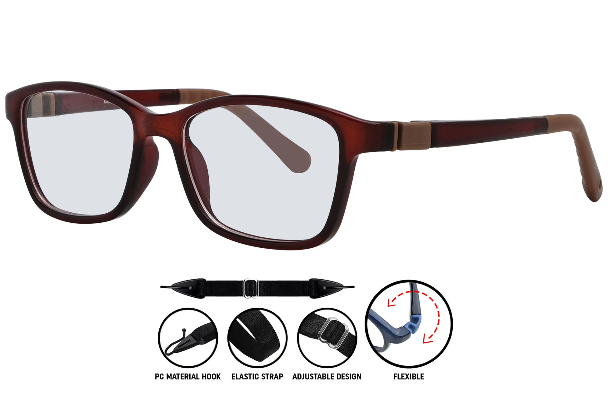 square eyeglasses in dark red C4, highlighting frame arms and profile.