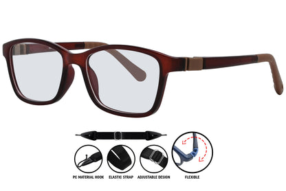 square eyeglasses in dark red C4, highlighting frame arms and profile.