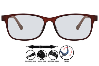 Close-up of C4 rectangle eyeglasses in brown and red, showing rich tones and front frame detail.