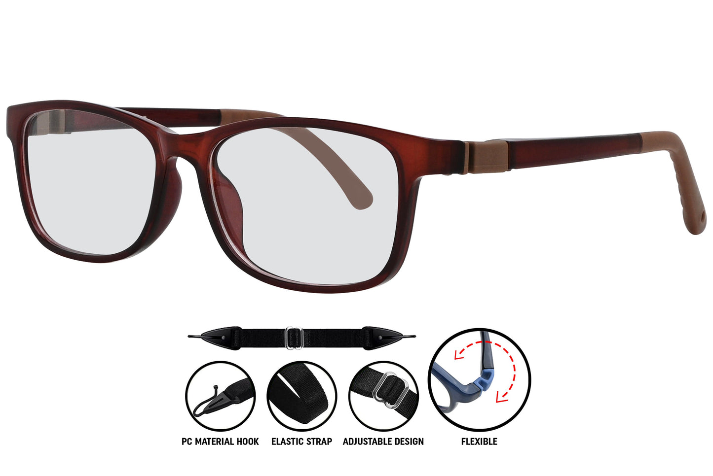 Side view of brown-red C4 eyeglasses highlighting slim temples and modern frame profile.