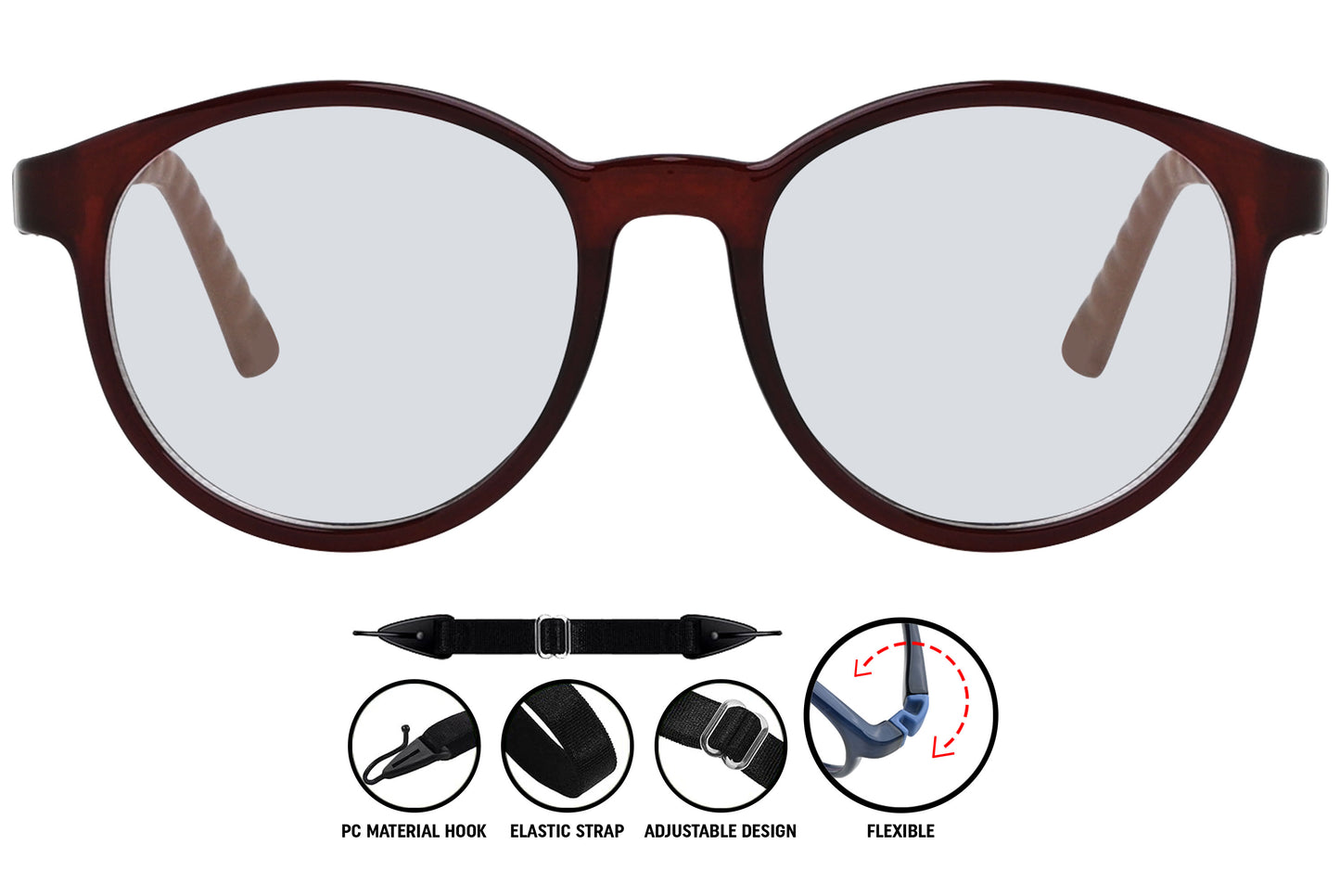 Bold red aviator eyeglasses frame close-up showing color and detail.

