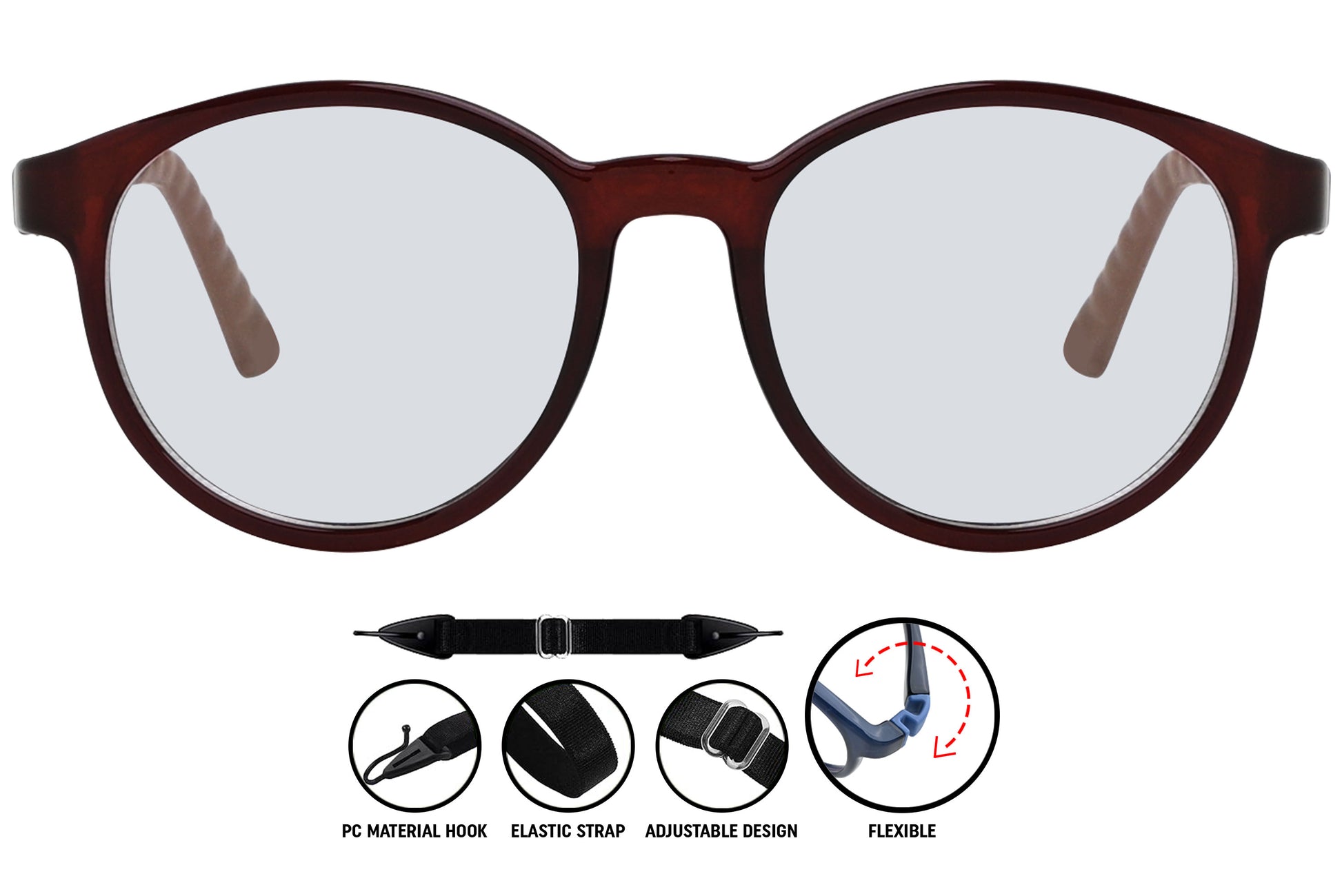 Bold red aviator eyeglasses frame close-up showing color and detail.

