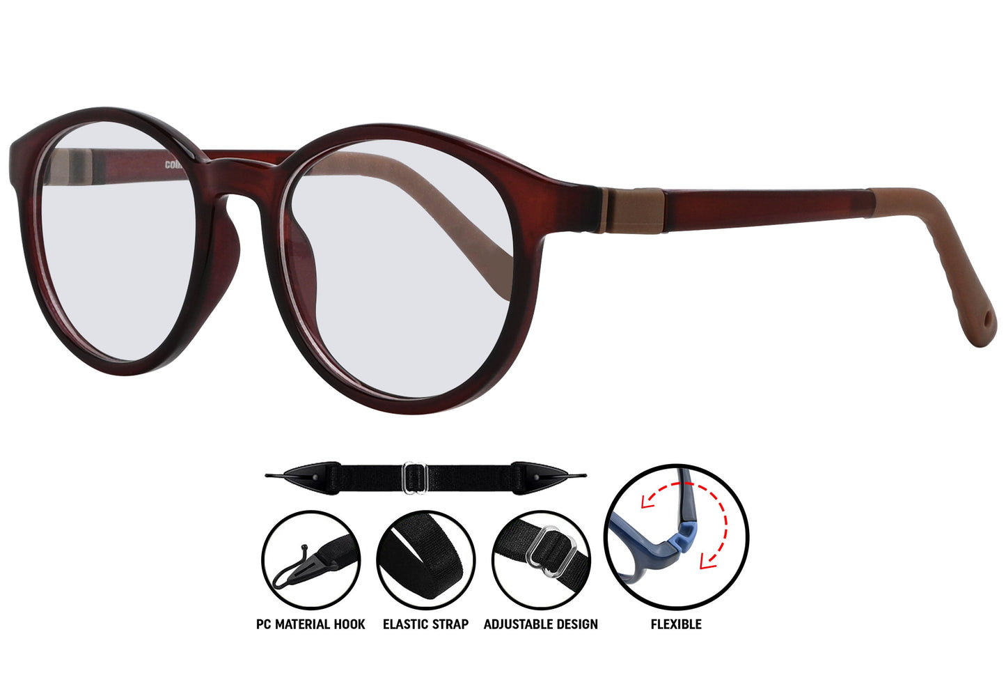bold red round eyeglasses highlighting sleek arms and fit.