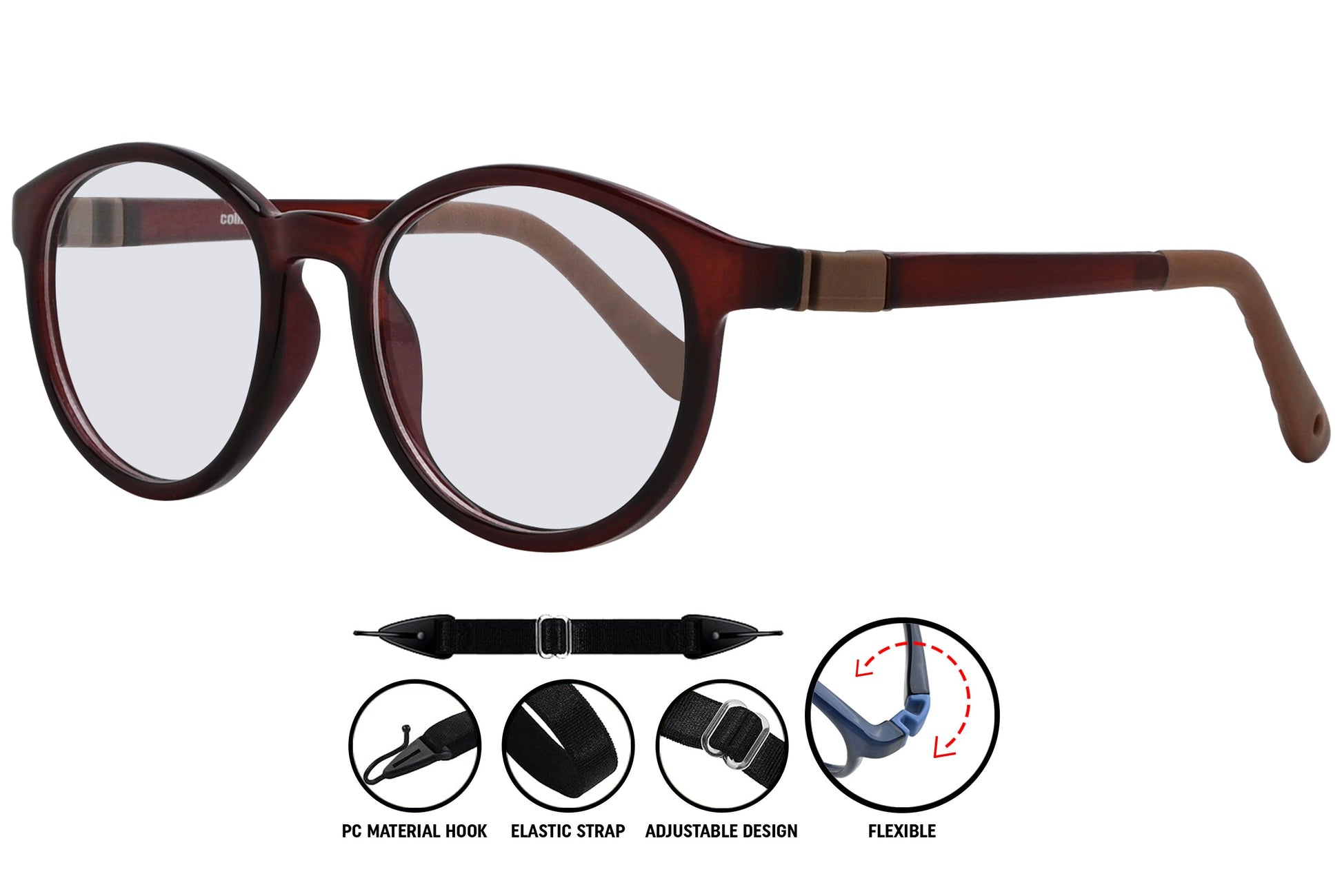 bold red round eyeglasses highlighting sleek arms and fit.