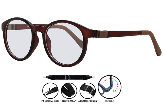 bold red round eyeglasses highlighting sleek arms and fit.