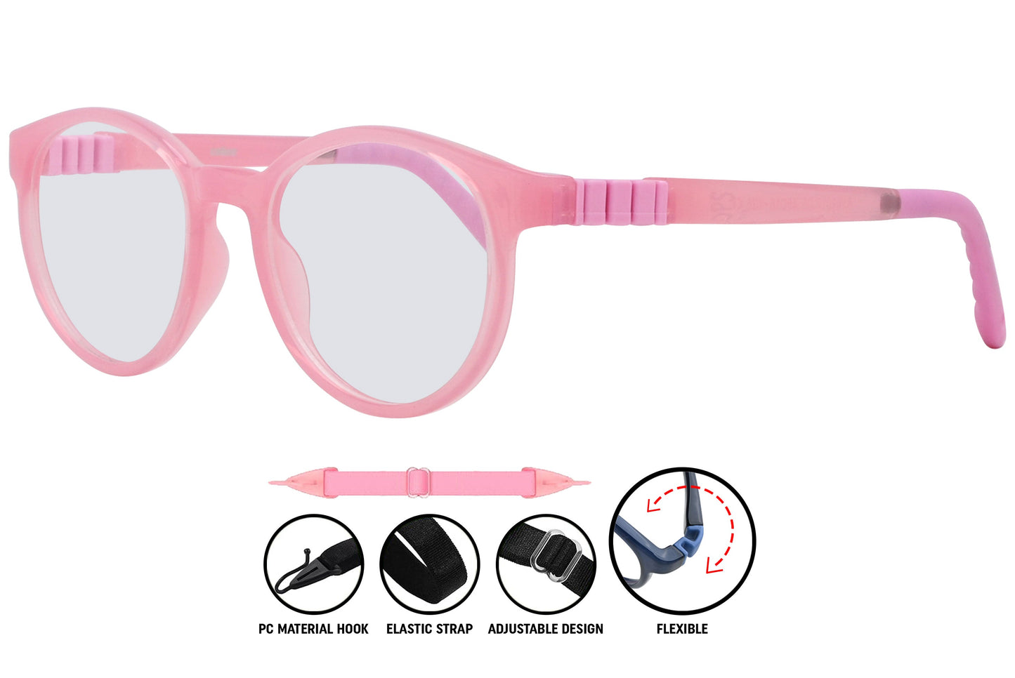 Close-up of Coline light pink round eyeglasses frame, showing translucent finish and delicate contours