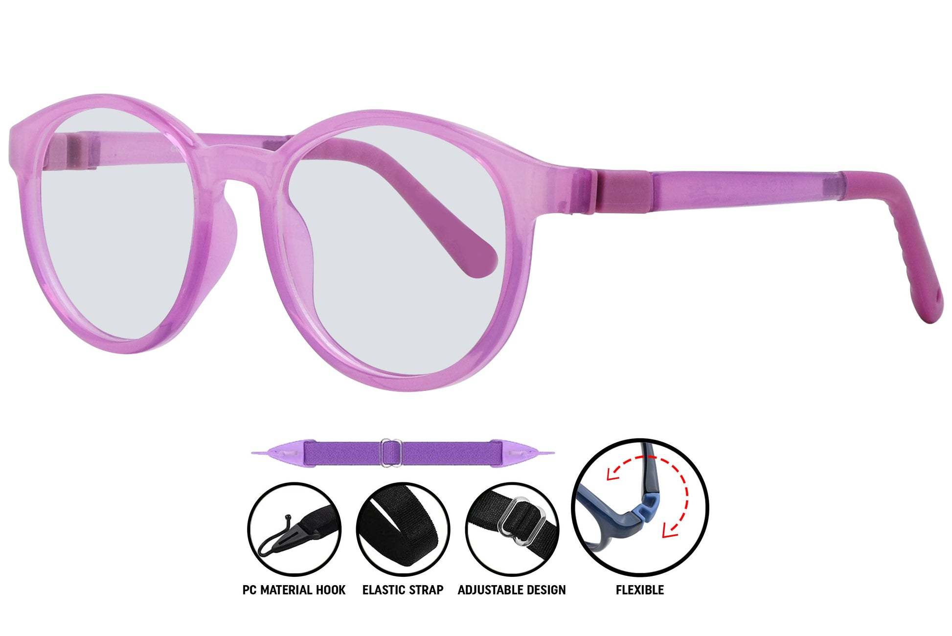 light purple C5 round eyeglasses with slim temples and smooth finish.