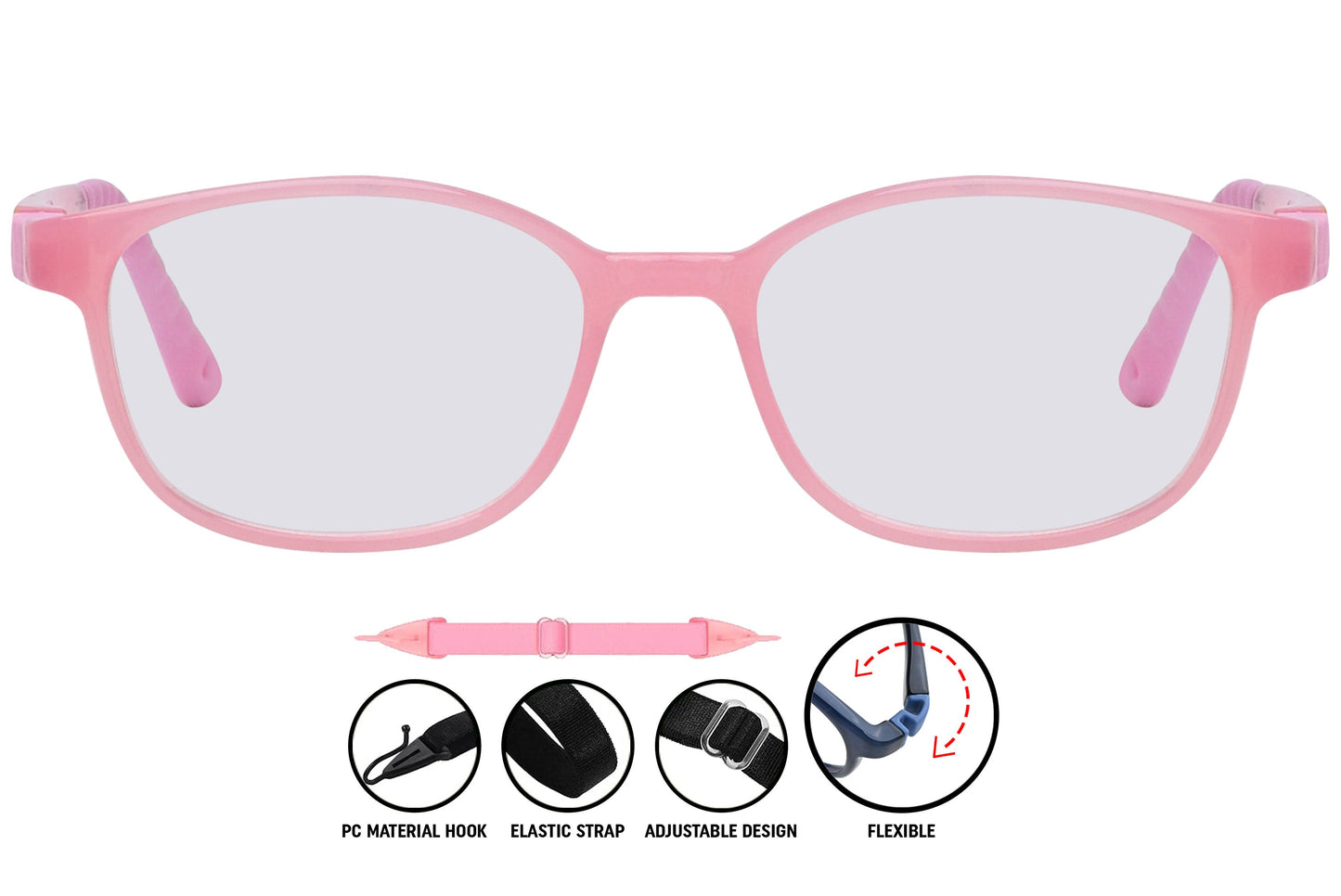 Coline rectangle eyeglasses in light pink – front and side view of lightweight unisex frame