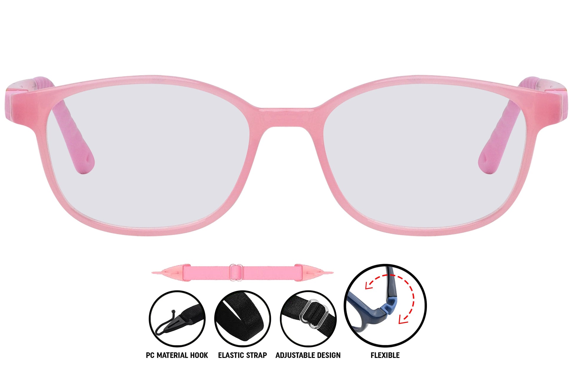 Coline rectangle eyeglasses in light pink – front and side view of lightweight unisex frame