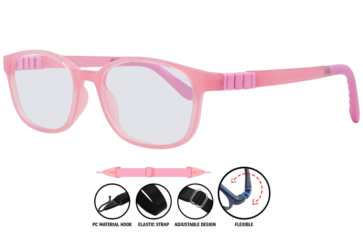 Coline rectangle eyeglasses in light pink – front and side view of lightweight unisex frame