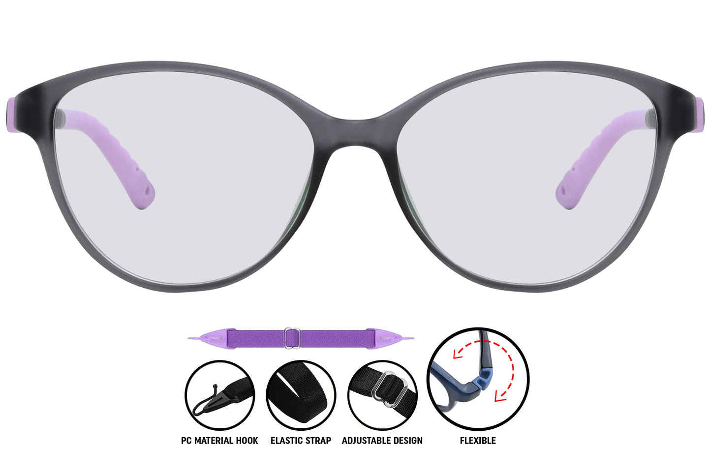black and purple C5 round eyeglasses showing front frame details.