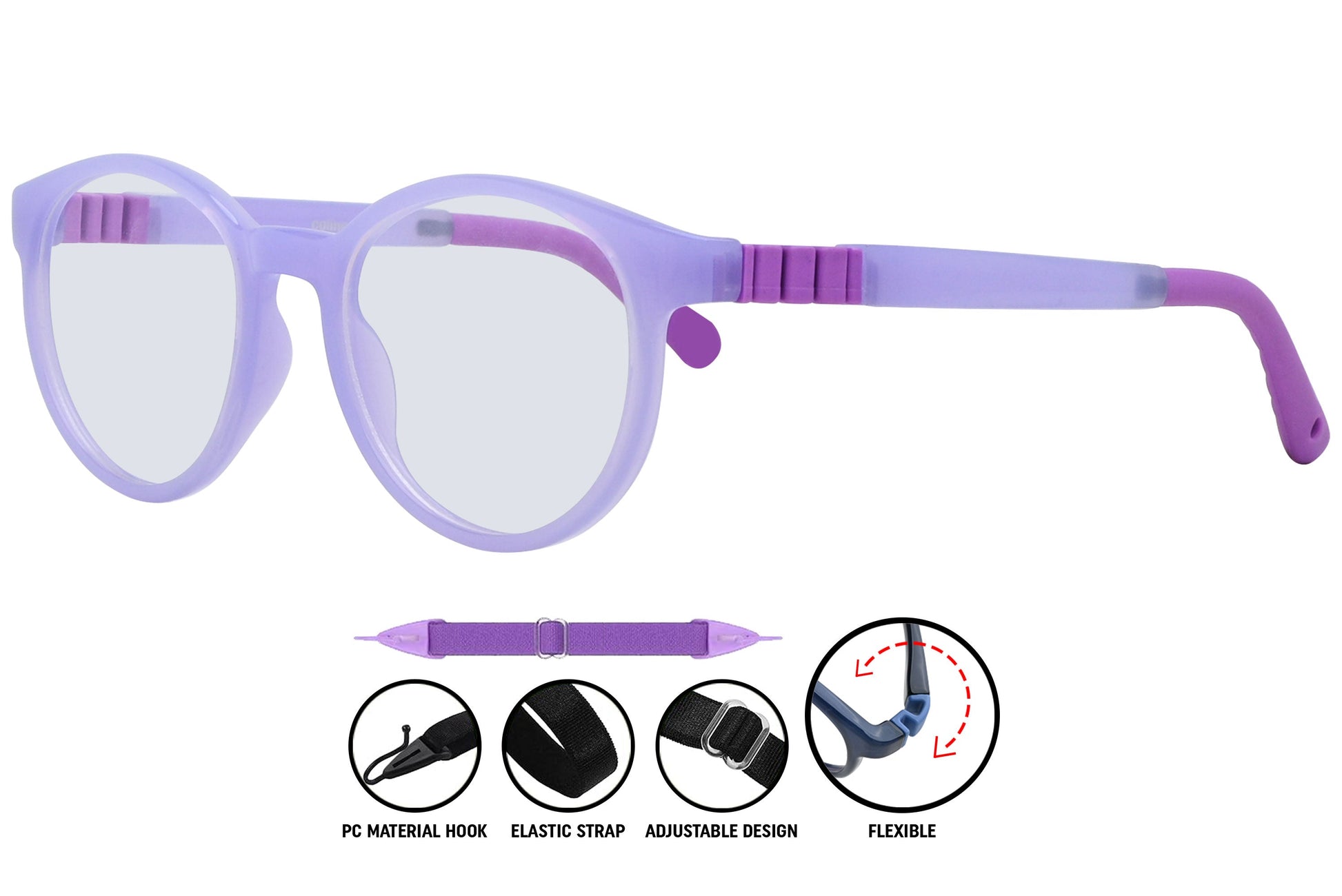 Close-up of Coline light purple round eyeglasses frame, showing translucent finish and delicate contours