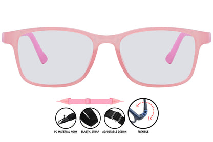 Close-up of C6 light pink rectangle eyeglasses highlighting the slim, soft-toned frame.
