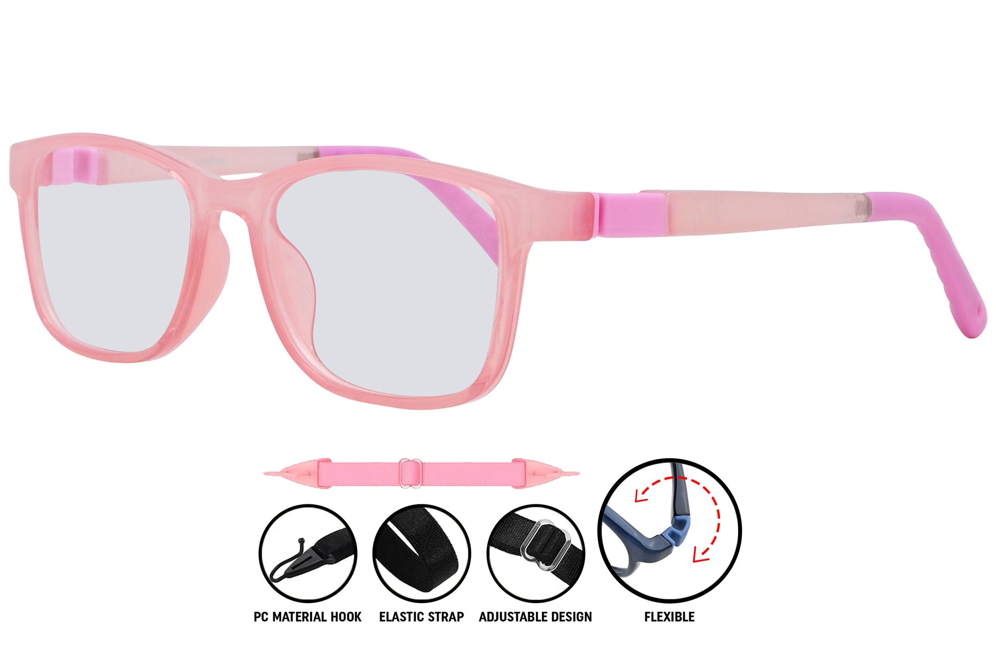 Side view of C6 light pink rectangle eyeglasses showing arm detail and frame thickness.