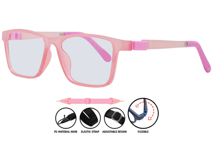 C6 pink eyeglasses displaying temple design and sleek profile.