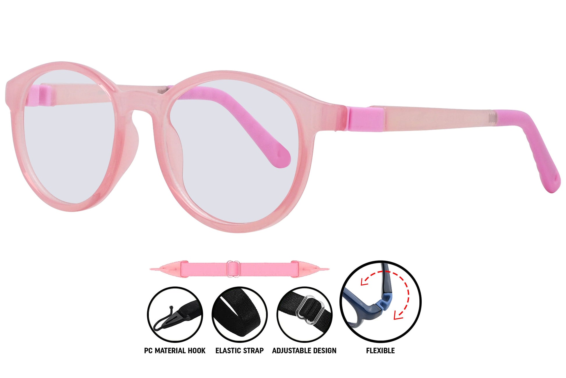 round eyeglasses in light pink showing slim arms and clean profile.