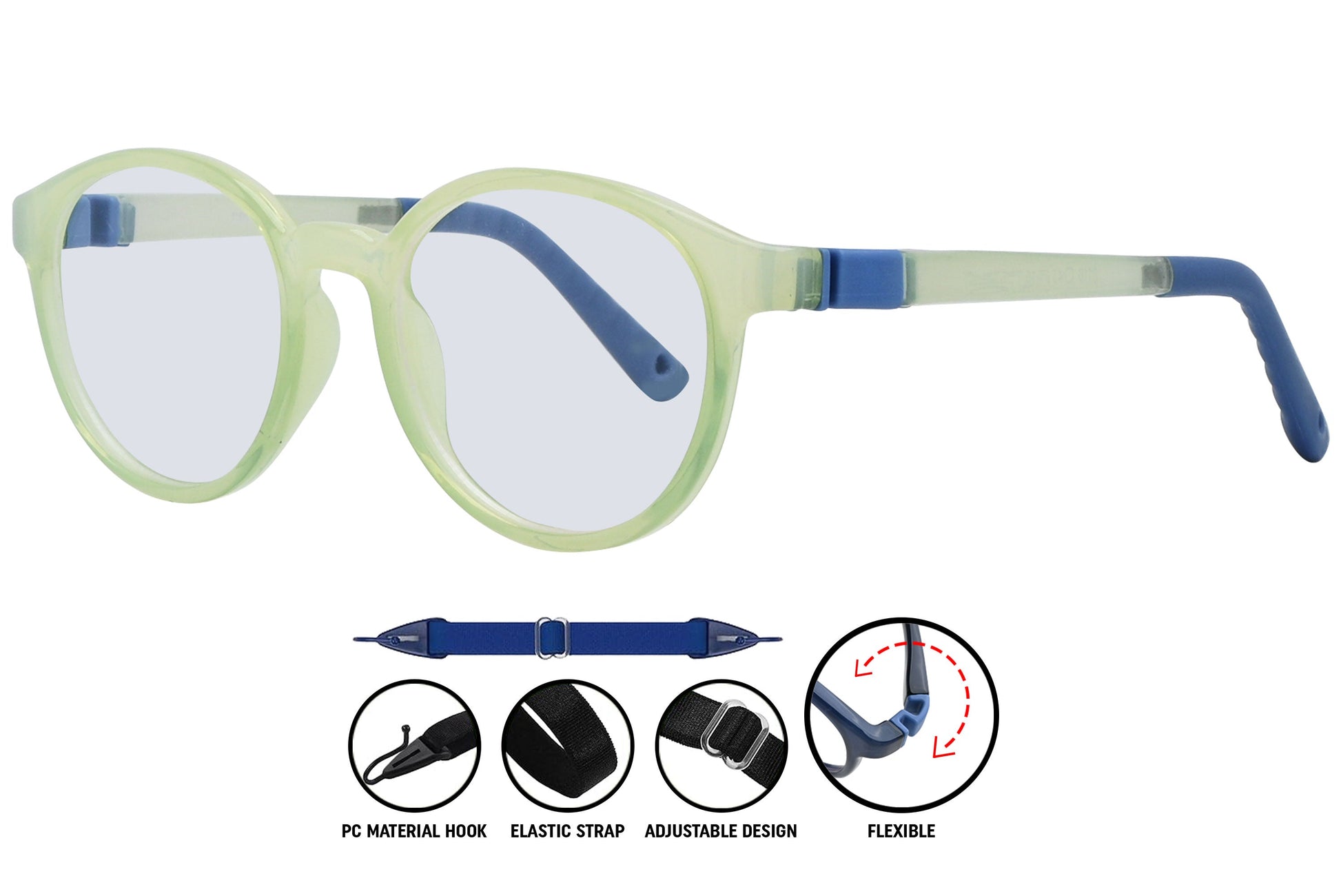  aviator-style eyeglasses in light green with slim temple arms.