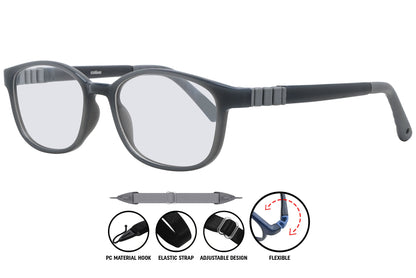 Side angle of C7 grey rectangle eyeglasses showing temple and frame finish.