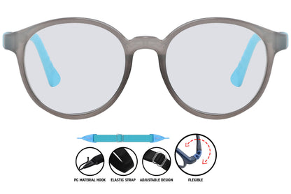 light grey round eyeglasses showing minimalist front frame detail.