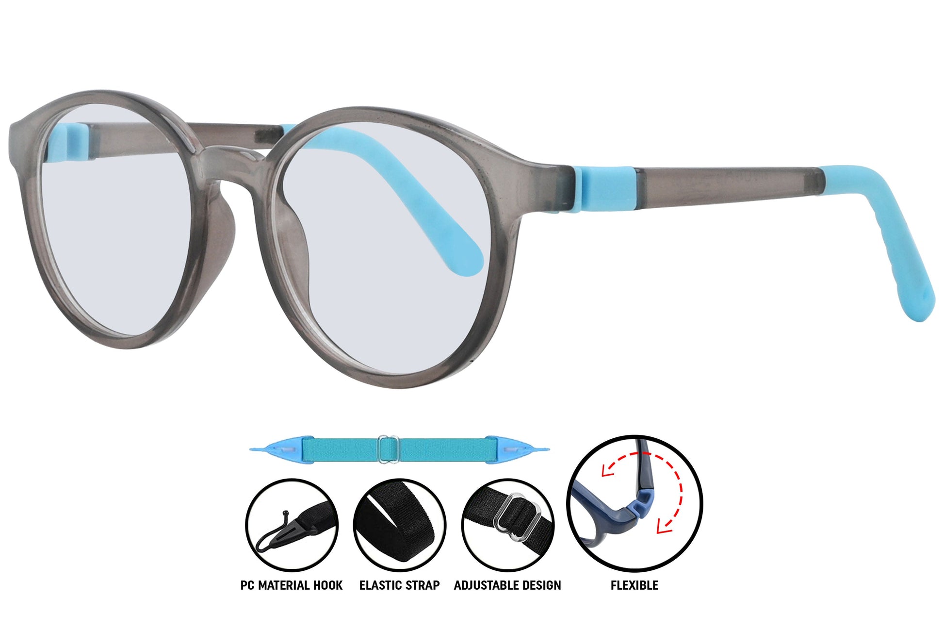 unisex round eyeglasses in light grey with slim, lightweight arms.