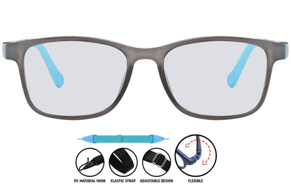 Close-up of C9 rectangle eyeglasses showing black frame front and light blue inner detailing.