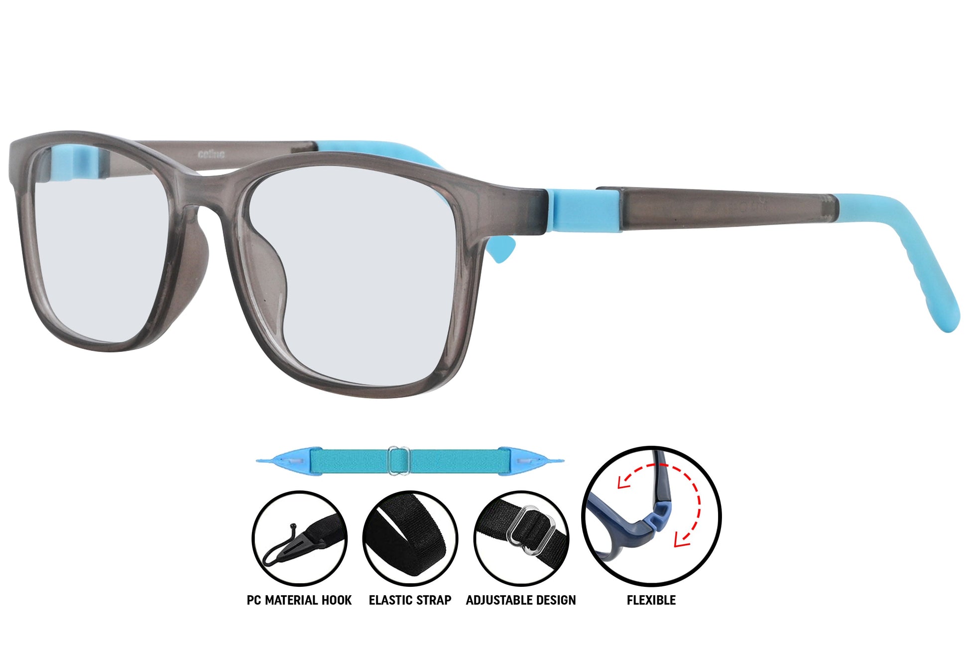 Side profile of C9 rectangle eyeglasses featuring sleek arms and light blue inner finish.