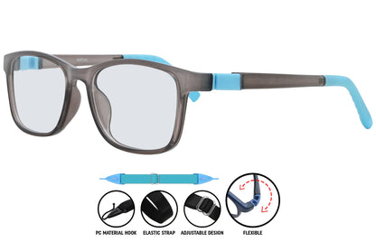 Side profile of C9 rectangle eyeglasses featuring sleek arms and light blue inner finish.