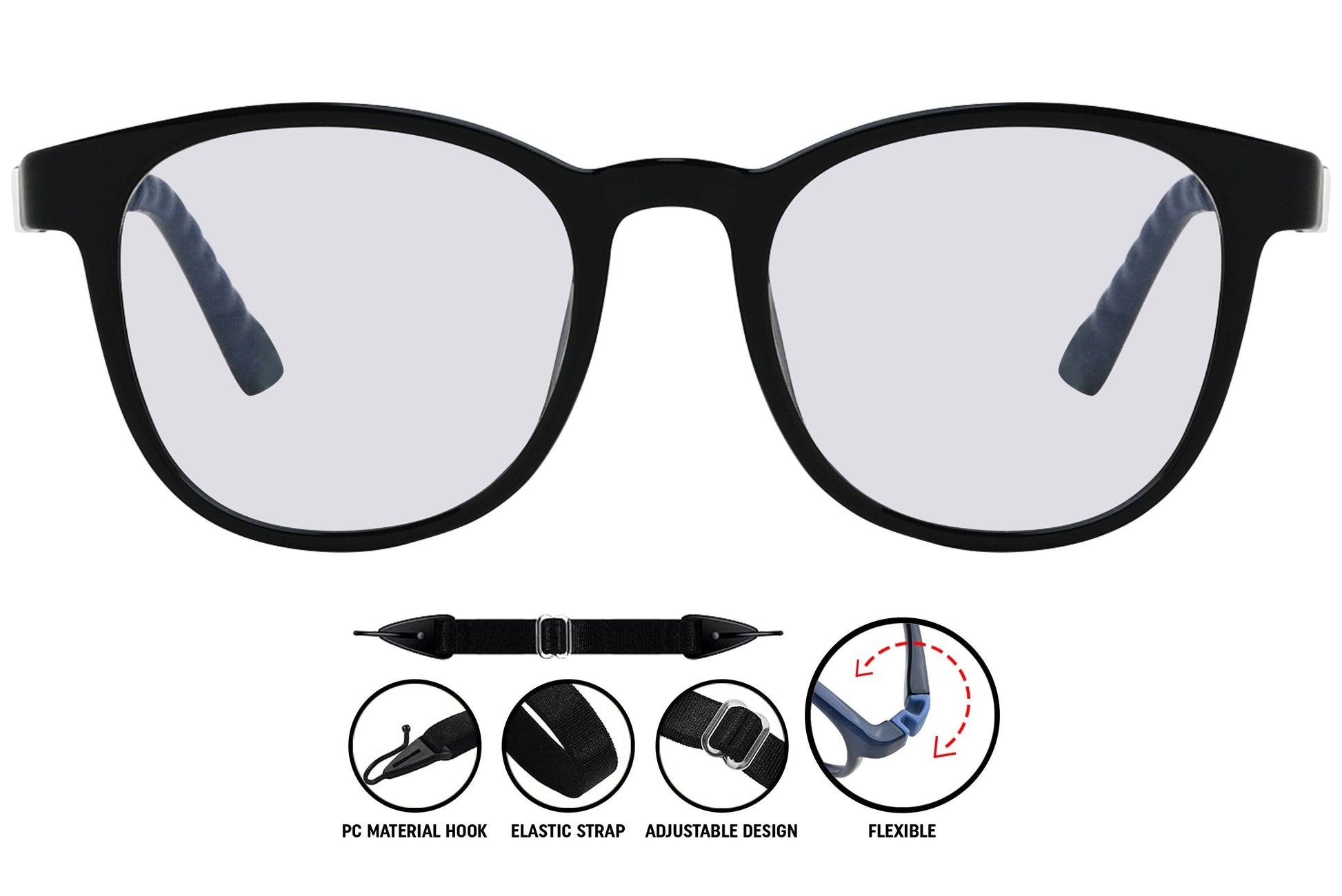 black round eyeglasses showing the front design and sleek frame.