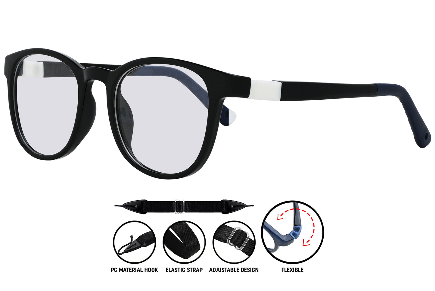 black round eyeglasses highlighting the frame arms and fit.