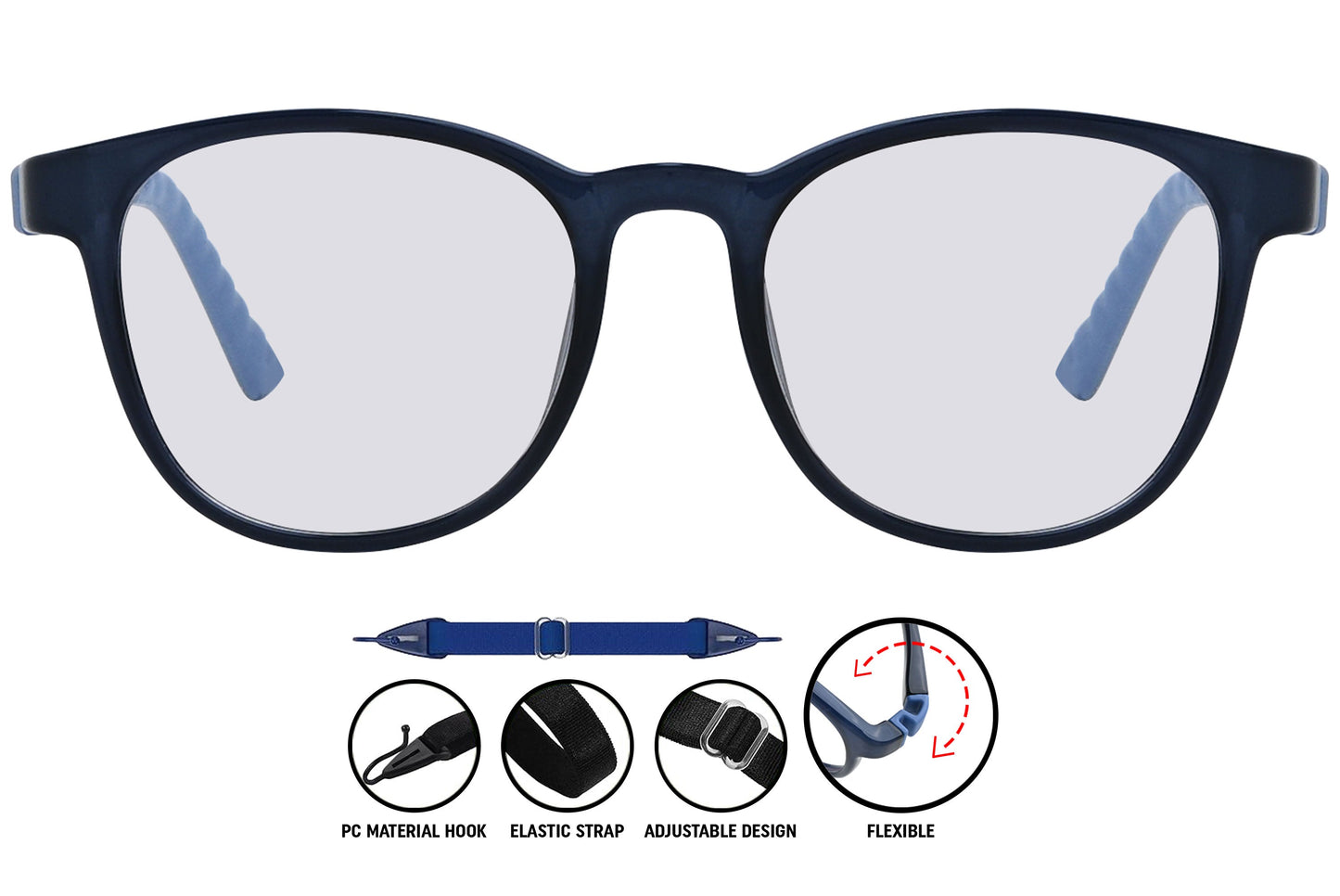 dark blue round eyeglasses showing the frame's front details.